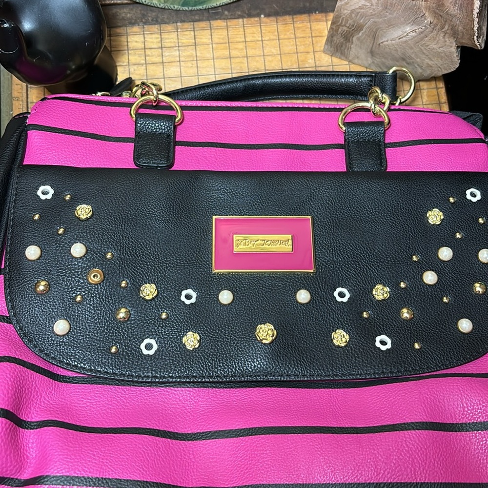 Betsey Johnson Studs and Flowers Black Hot Pink Striped Bag 11.5”Wx10”Hx5.75”D - Picture 8 of 17